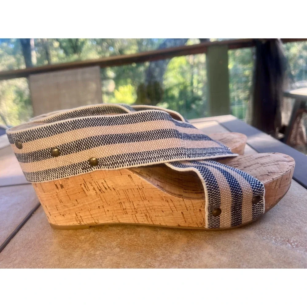 Lucky Brand Womens Striped Elastic Cork Wedge Sandals Navy Tan Studded Slides
